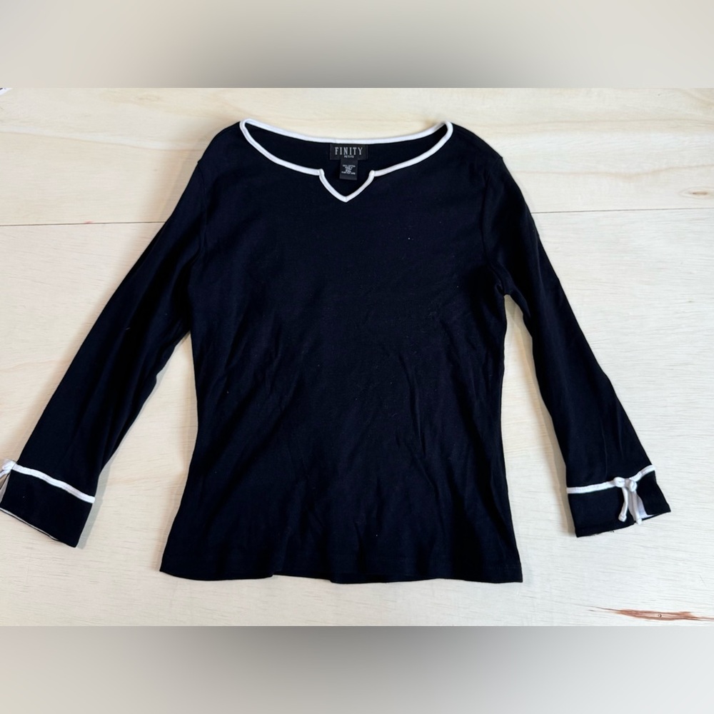 VTG Finity Petite Black Long Sleeve Top with White Trim & Bow Cuffs